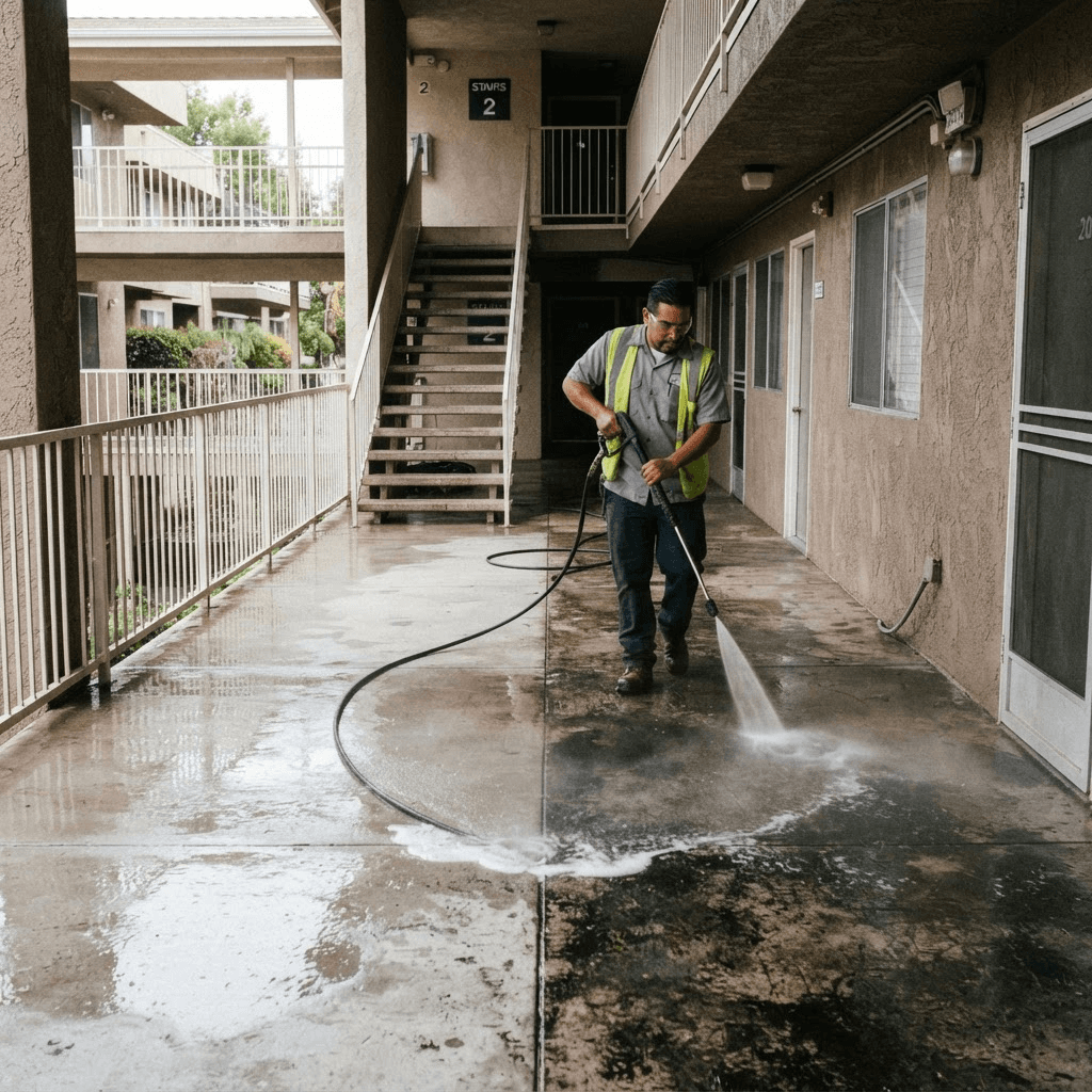 Apartment community breezeway and stairwell being pressure washed