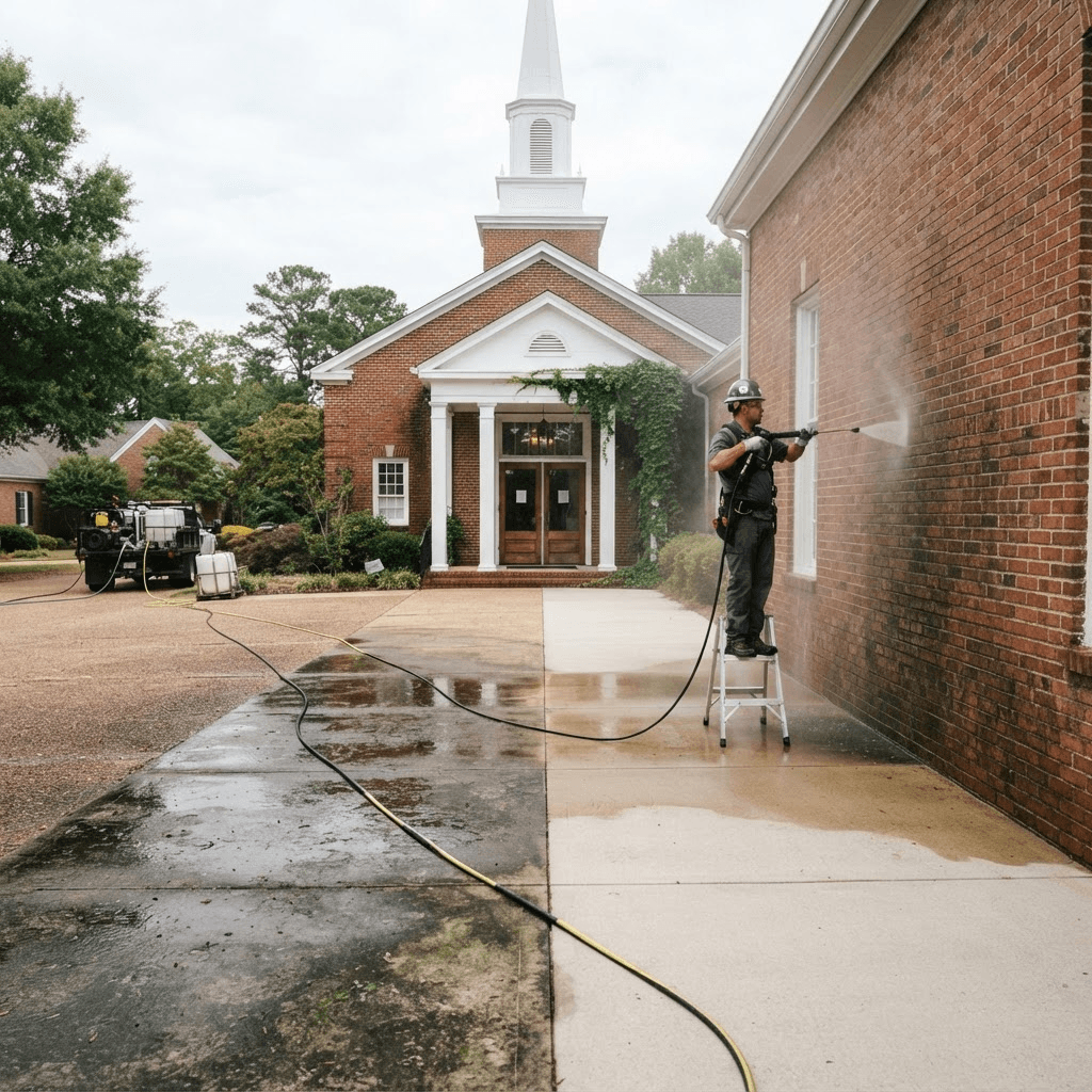 Church building exterior and entry walkway being cleaned