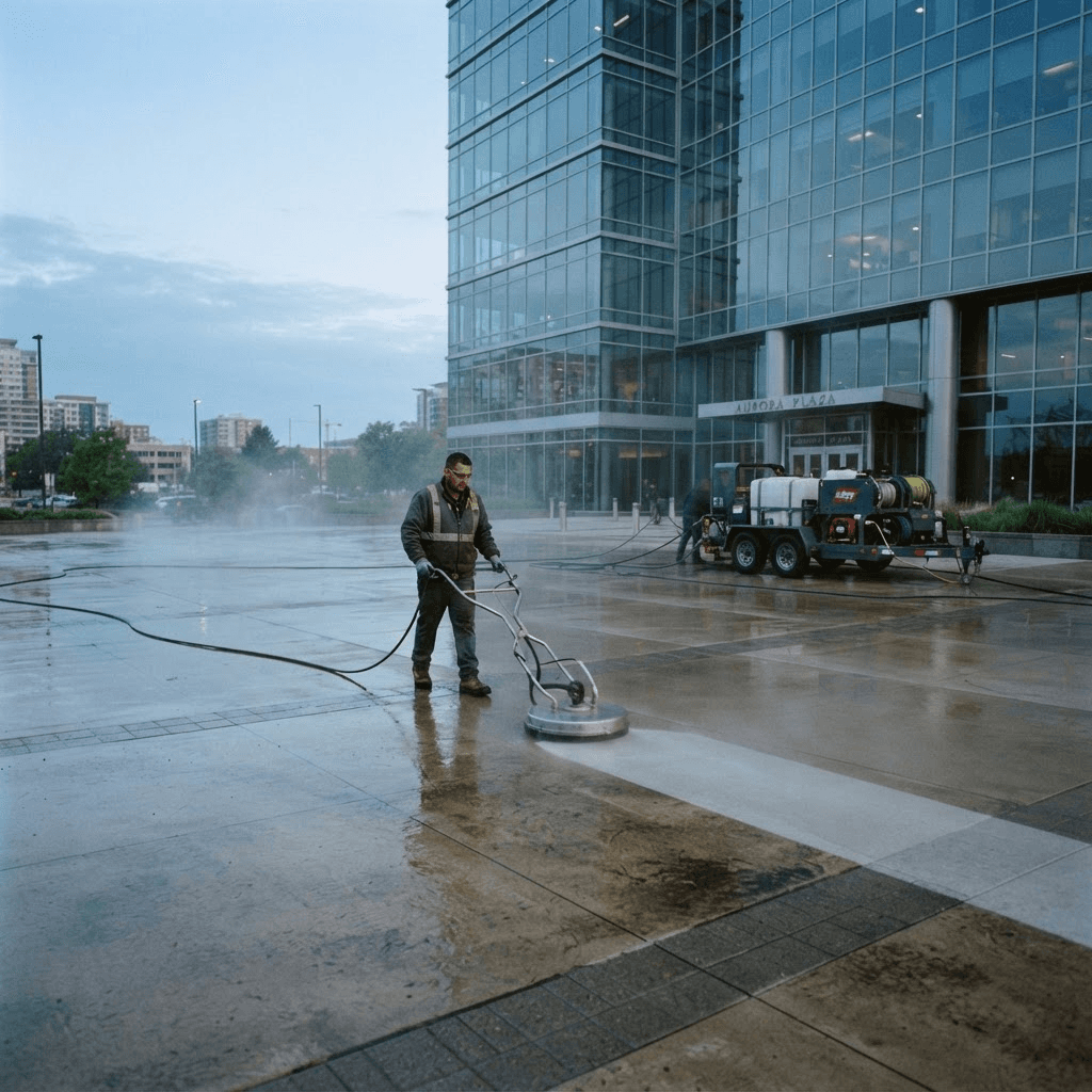 Commercial pressure washing crew cleaning a large concrete plaza at a commercial property