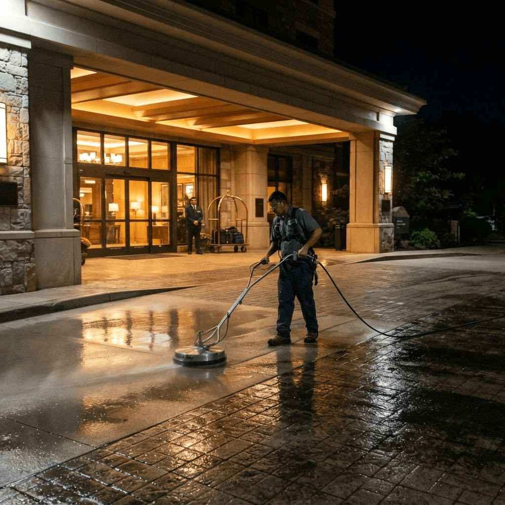Hotel entrance and porte-cochere area being pressure washed