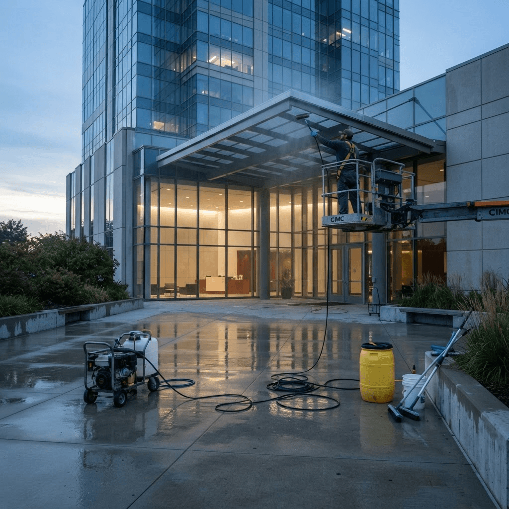 Office building entry plaza and walkway being cleaned