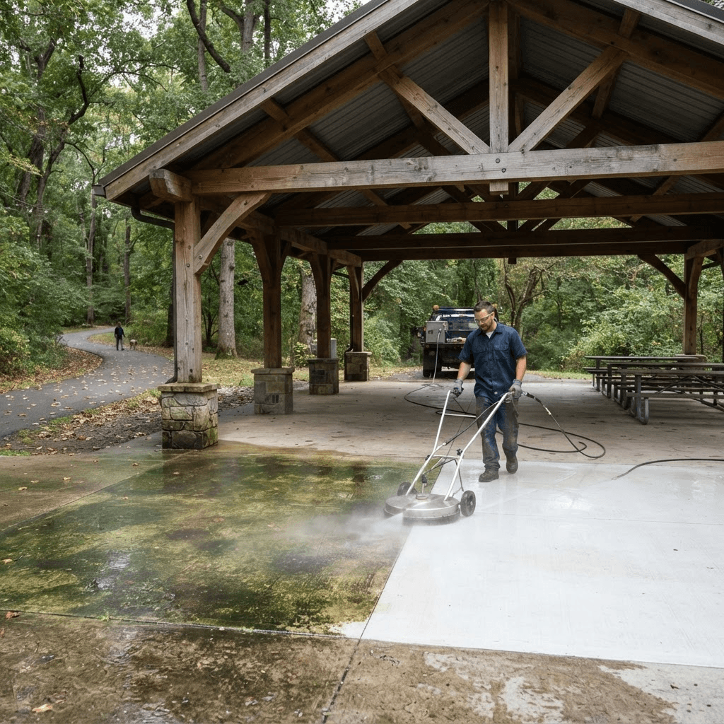 Park pavilion and walkway being pressure washed