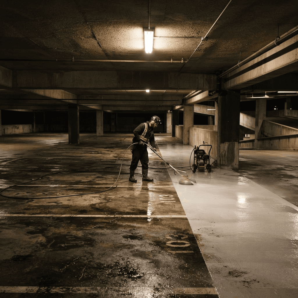 Interior parking garage level being pressure washed