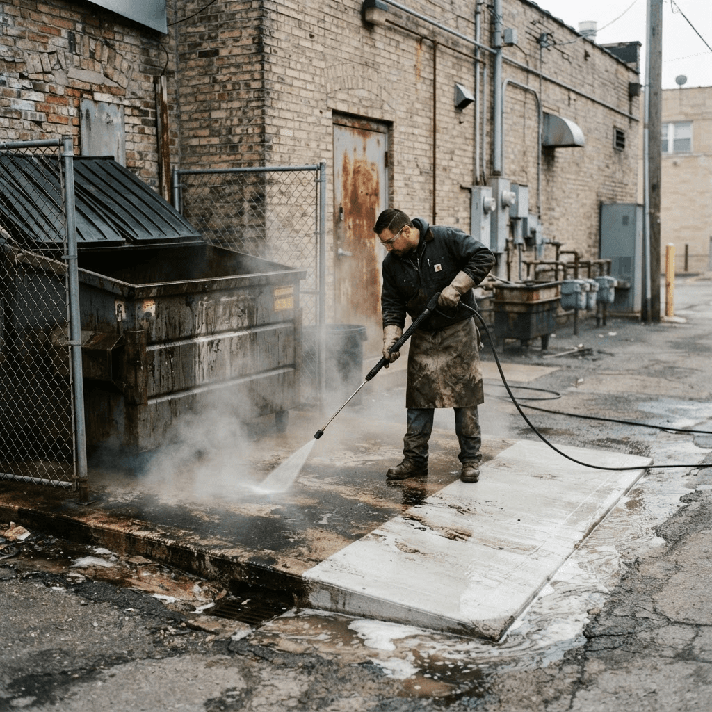 Restaurant dumpster pad being degreased with a hot water pressure washer