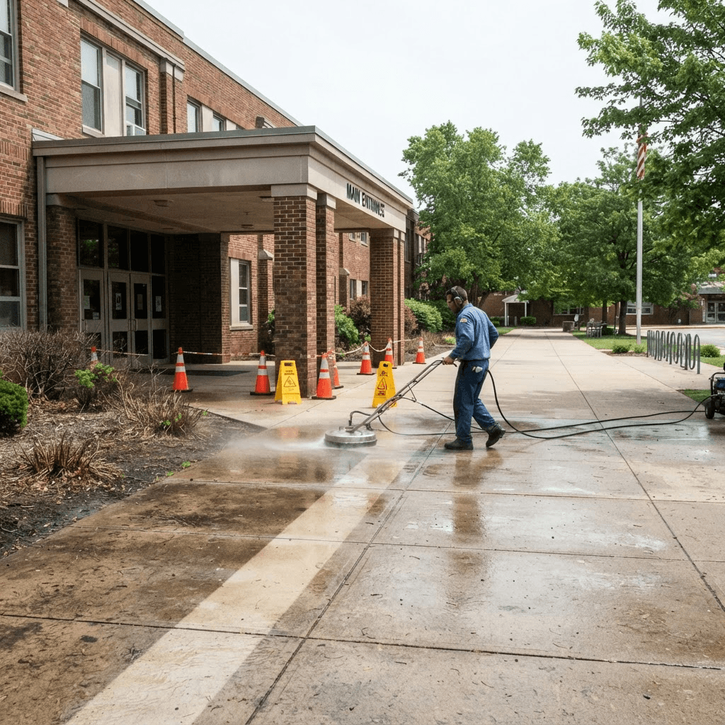 School campus walkway and entrance being cleaned by a commercial crew