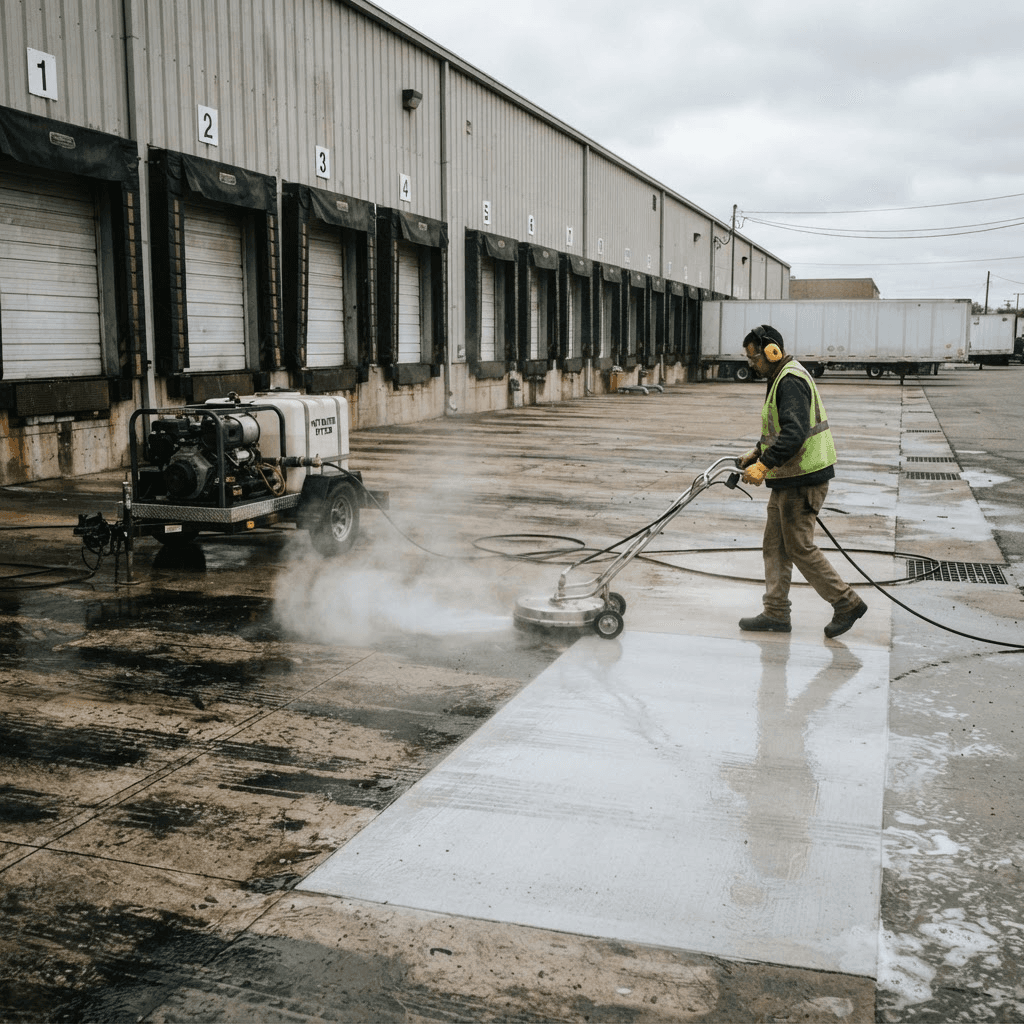 Warehouse loading dock and concrete apron being pressure washed
