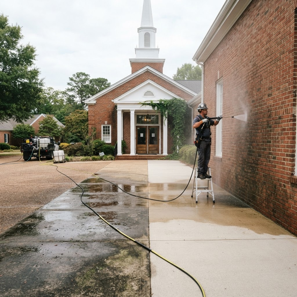 Church building exterior and entry walkway being cleaned