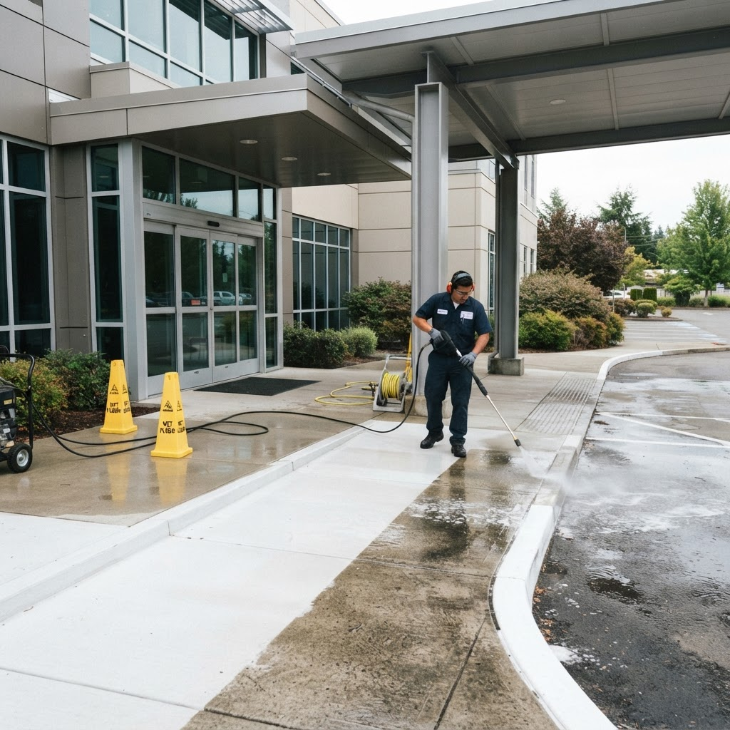 Medical office building entrance and covered walkway being cleaned