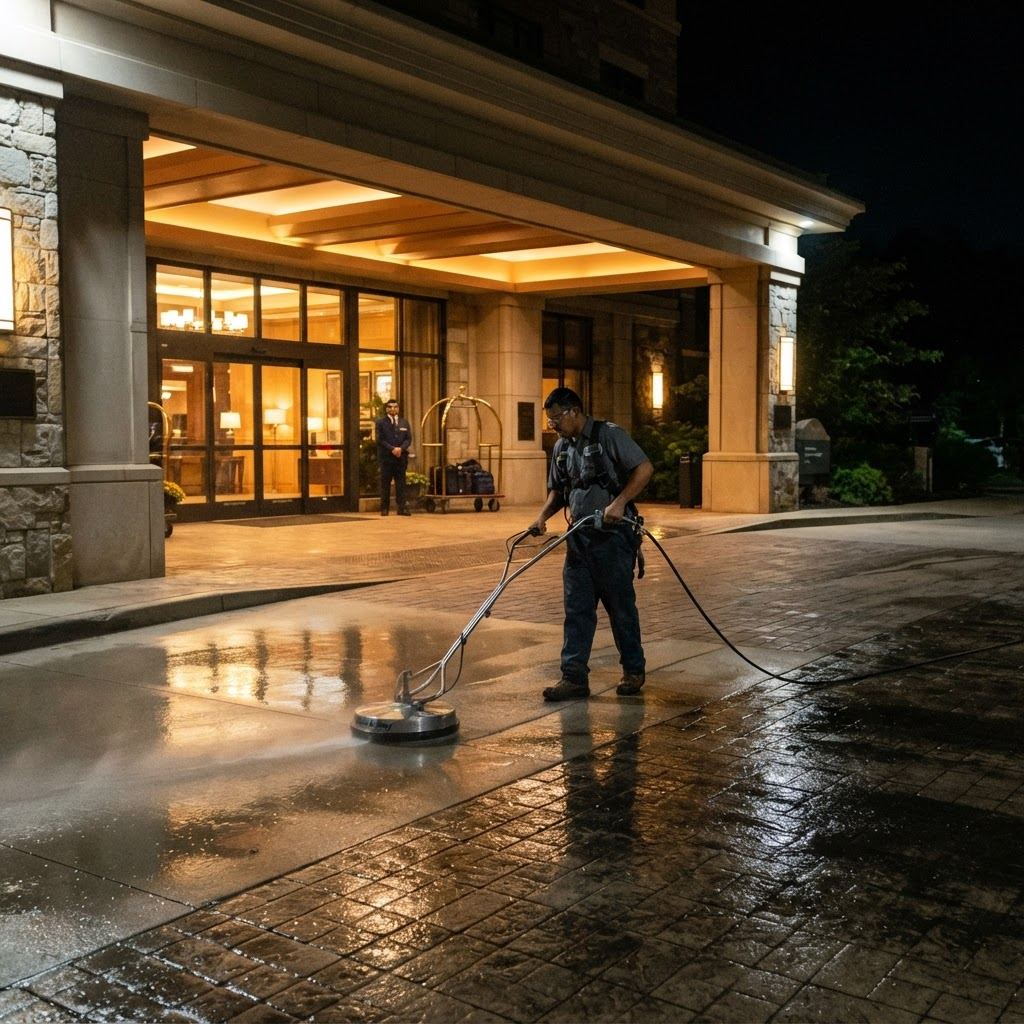 Hotel entrance and porte-cochere area being pressure washed