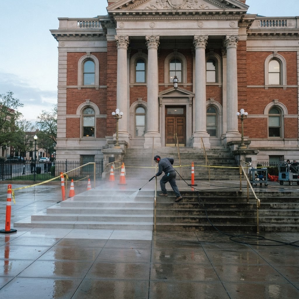 Civic building entrance steps being pressure washed
