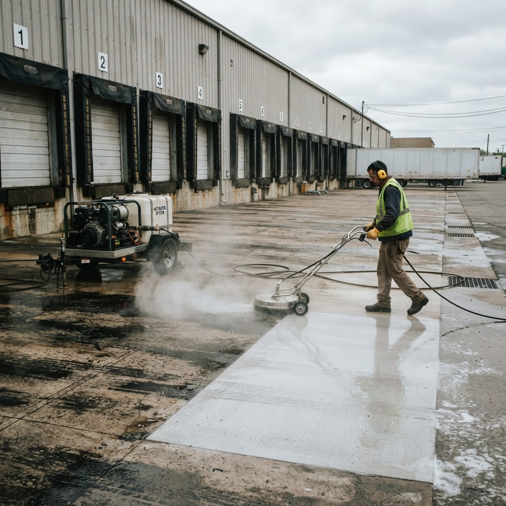 Warehouse loading dock apron being cleaned with hot water